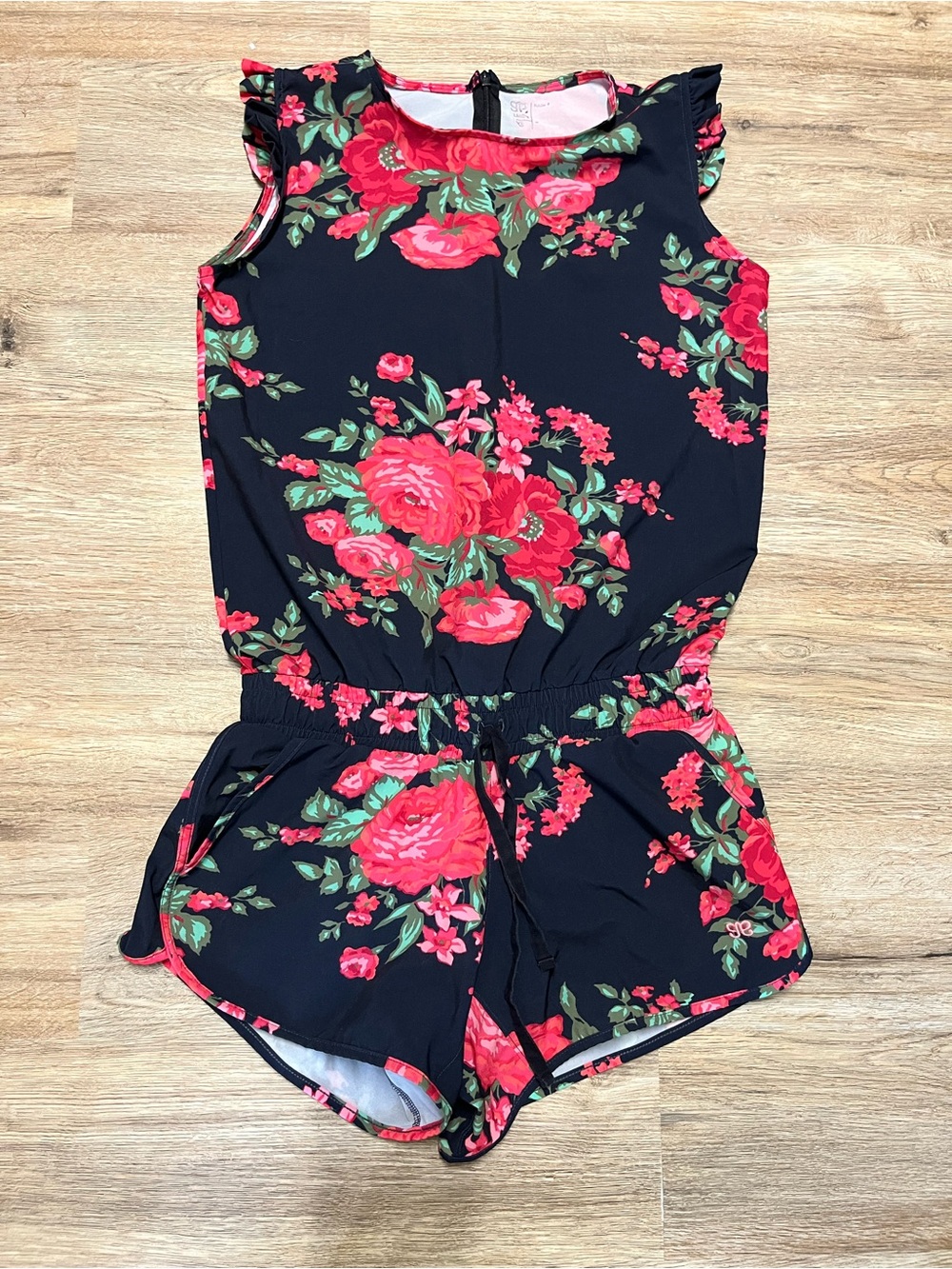 Navy Floral Romper with Pink Rose Print
